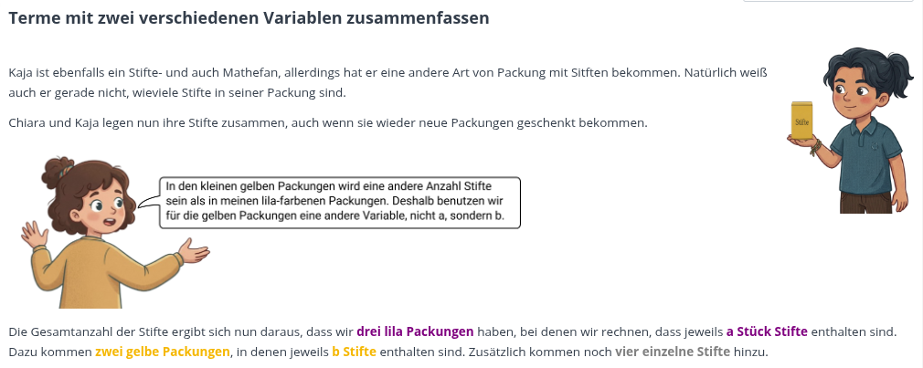 Ausschnitt aus dem Moodle-Kurs: Chiara und Kaja fassen Terme mit den Variablen a und b zusammen