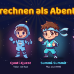 Die vier Figuren der Kopfrechen-Trainer unter dem Schriftzug „Kopfrechnen als Abenteuer“: Multi (Multi-Master, Einmaleins), Quoti (Quoti-Quest, Teilen mit Rest), Summi (Summi-Summit, Plus bis 10 000) und Diffi (Diffi-Dig, Minus bis 10 000).