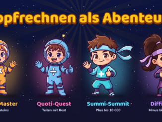 Die vier Figuren der Kopfrechen-Trainer unter dem Schriftzug „Kopfrechnen als Abenteuer“: Multi (Multi-Master, Einmaleins), Quoti (Quoti-Quest, Teilen mit Rest), Summi (Summi-Summit, Plus bis 10 000) und Diffi (Diffi-Dig, Minus bis 10 000).