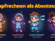 Die vier Figuren der Kopfrechen-Trainer unter dem Schriftzug „Kopfrechnen als Abenteuer“: Multi (Multi-Master, Einmaleins), Quoti (Quoti-Quest, Teilen mit Rest), Summi (Summi-Summit, Plus bis 10 000) und Diffi (Diffi-Dig, Minus bis 10 000).