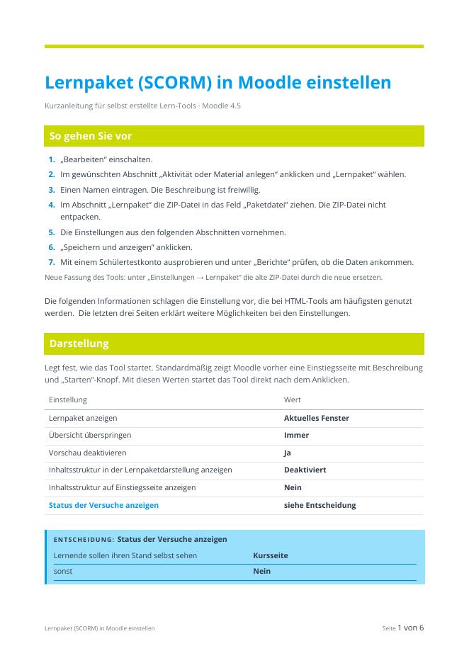 Titelseite der Kurzanleitung „Lernpaket (SCORM) in Moodle einstellen“
