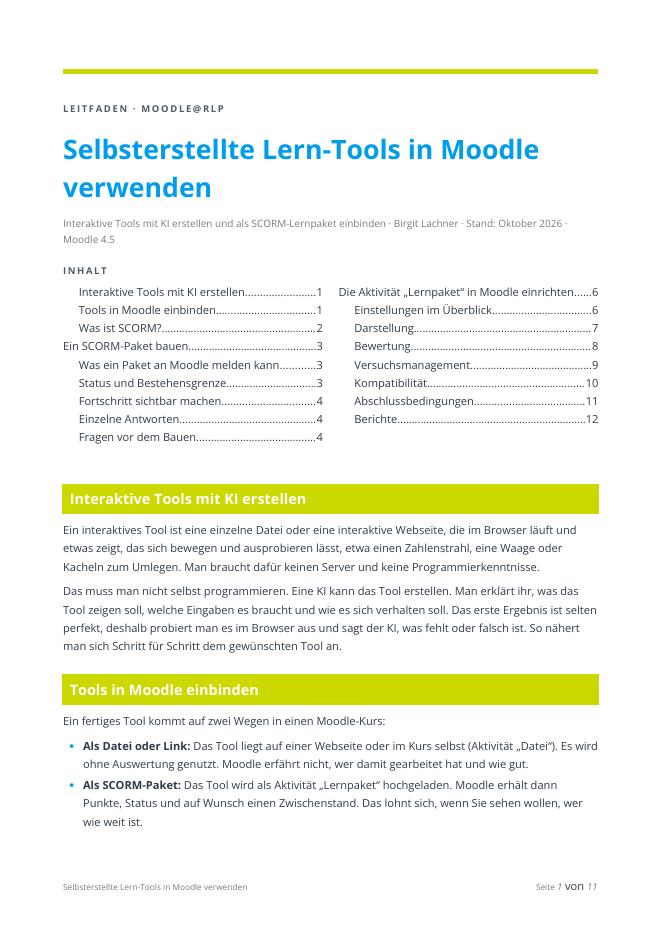Titelseite des Leitfadens „Selbsterstellte Lern-Tools in Moodle verwenden“ mit Inhaltsverzeichnis