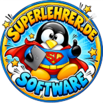 Logo „Superlehrer.de Software“: Pinguin im Superhelden-Kostüm mit Tablet
