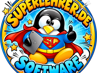 Logo „Superlehrer.de Software“: Pinguin im Superhelden-Kostüm mit Tablet