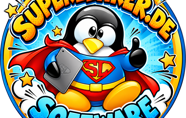 Logo „Superlehrer.de Software“: Pinguin im Superhelden-Kostüm mit Tablet