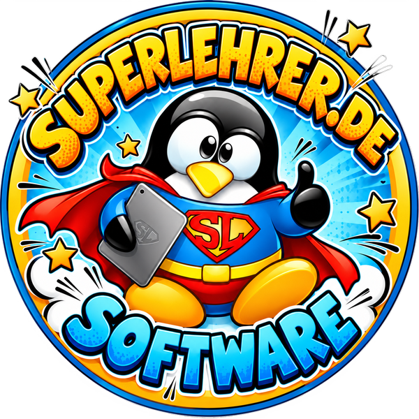 Logo „Superlehrer.de Software“: Pinguin im Superhelden-Kostüm mit Tablet