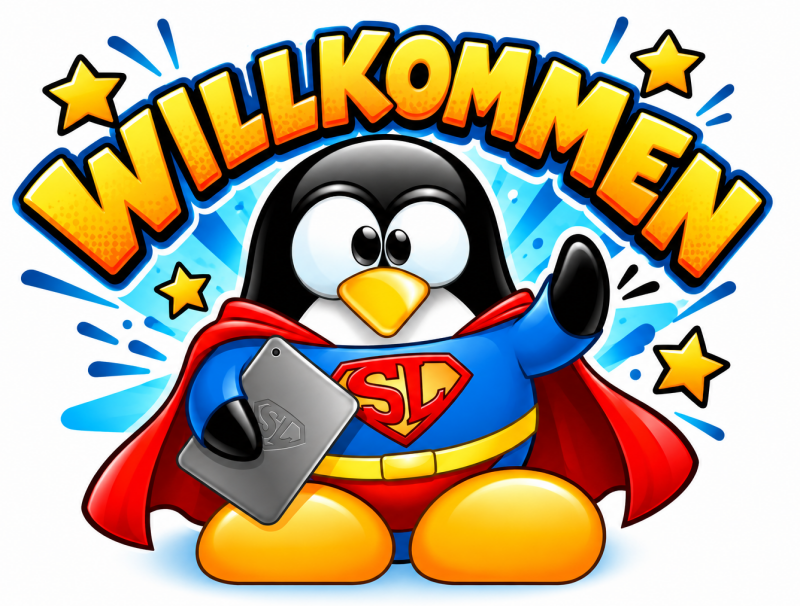 Superheld-Pinguin mit Tablet unter dem Schriftzug „Willkommen“