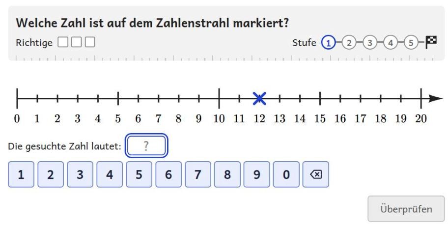 Übung „Zahlen ablesen bis 20“: Auf einem Zahlenstrahl von 0 bis 20 ist die 12 mit einem Kreuz markiert, darunter ein Eingabefeld und ein Ziffernfeld mit den Tasten 0 bis 9.