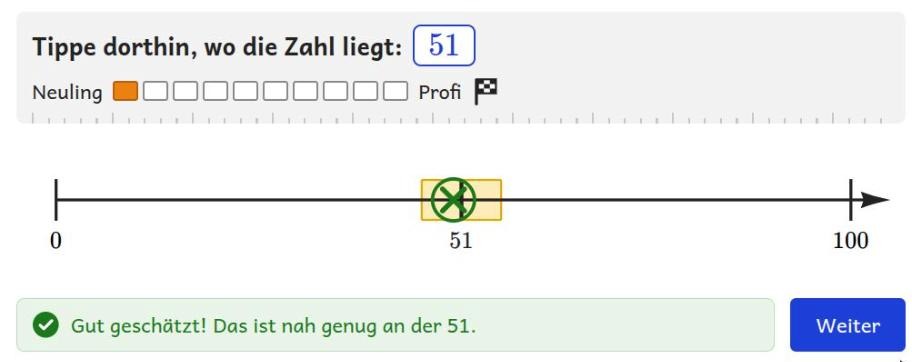 Übung „Gespür für Zahlen bis 100“: Zahlenstrahl nur mit 0 und 100, die 51 wurde getroffen. Rückmeldung: „Gut geschätzt! Das ist nah genug an der 51.“ Oben ein Balken von „Neuling“ bis „Profi“.