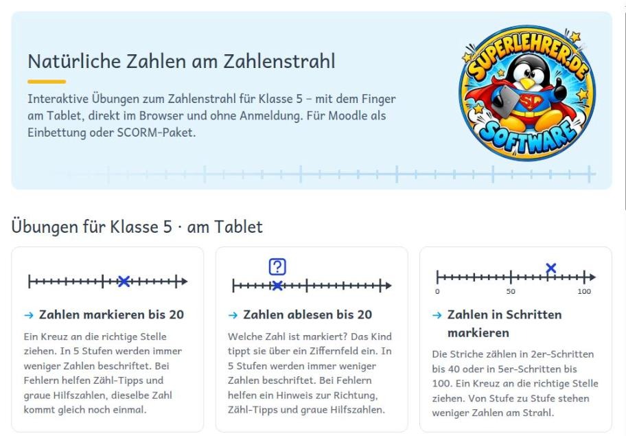 Übersichtsseite „Natürliche Zahlen am Zahlenstrahl“ mit Karten für die einzelnen Übungen: Zahlen markieren bis 20, Zahlen ablesen bis 20, Zahlen in Schritten markieren.